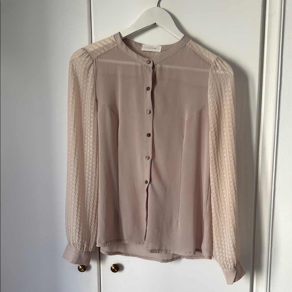 LOFT Tan Buttoned Mandarin Collar Blouse
